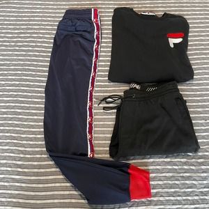 CHAMPIONS STRIPE TRACK PANTS + FILA SWEATER + AMERICAN EAGLE SWEATPANTS